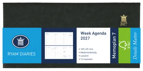 Agenda 2025 Ryam Memoplan 7 Mundior 7Dagen/2Pagina's Landscape Zwart