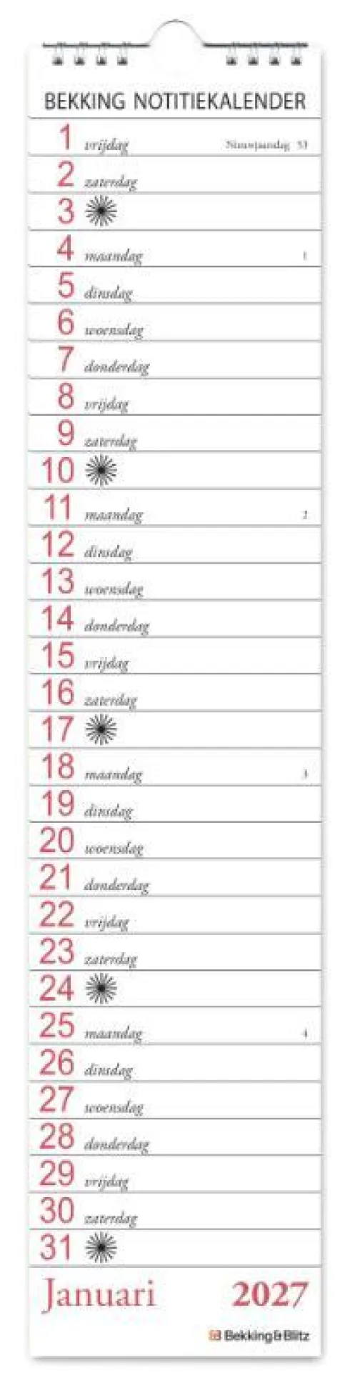 Bekking notitie kalender 2027